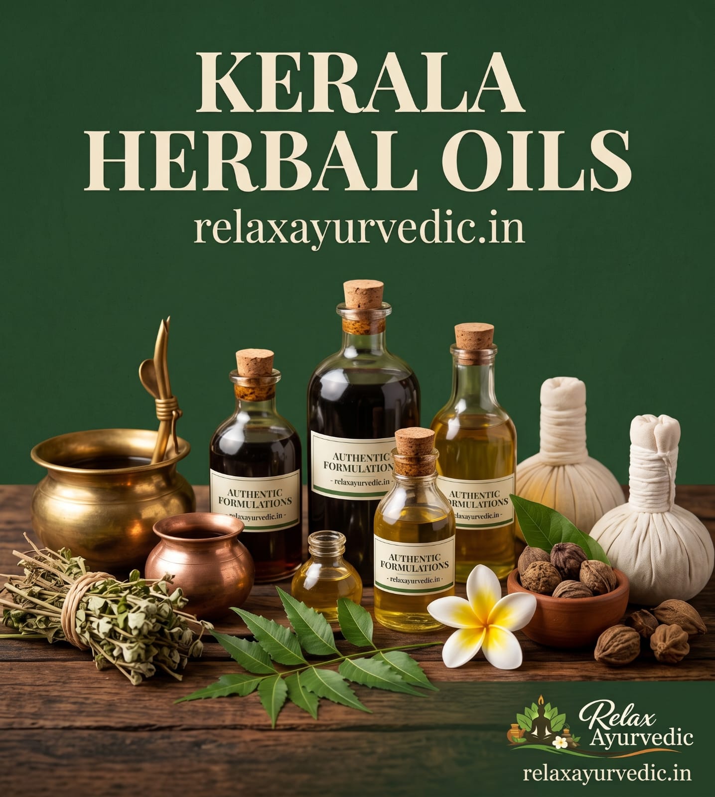 A traditional Kerala Ayurvedic treatment setting with herbal oils and wooden massage table