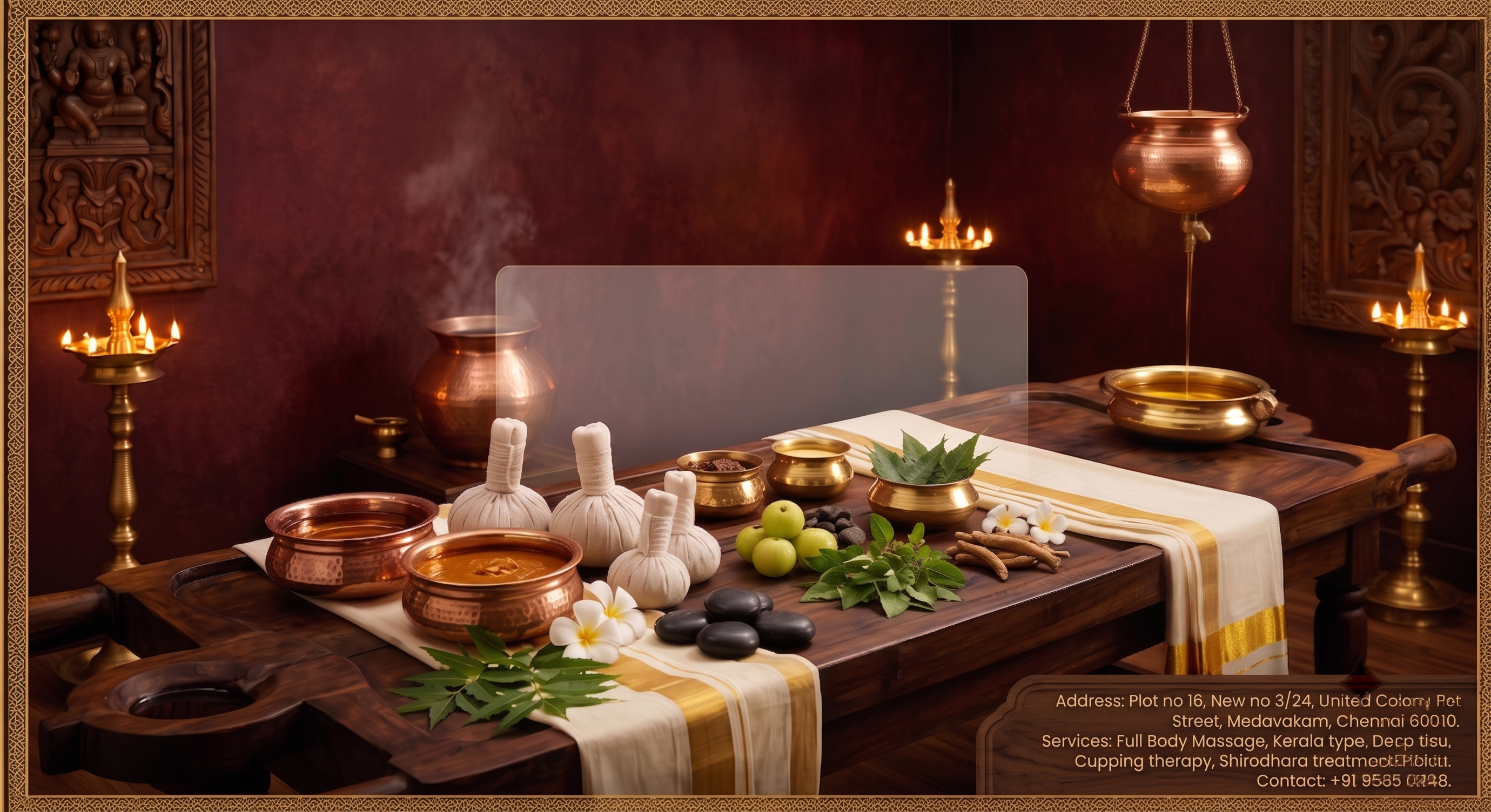 Shirodhara — warm herbal oil poured across the forehead, a classical Kerala Ayurvedic therapy